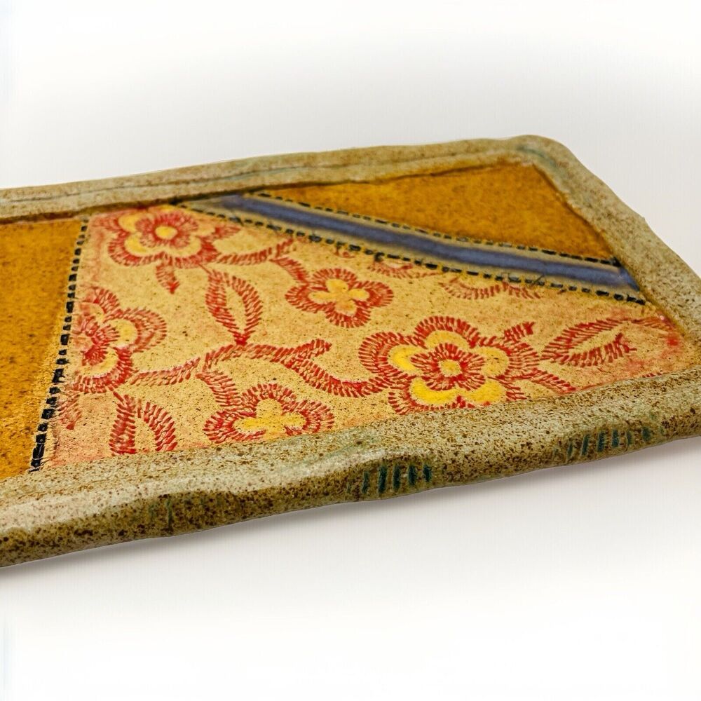 Laurie Pollpeter Eskenazi Ceramic Stoneware Tray Hand Painted Quilted Trinket - Picture 5 of 9